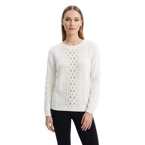 Vintage-Style Pearl & Gold Beaded Knit Winter White Sweater Size Large